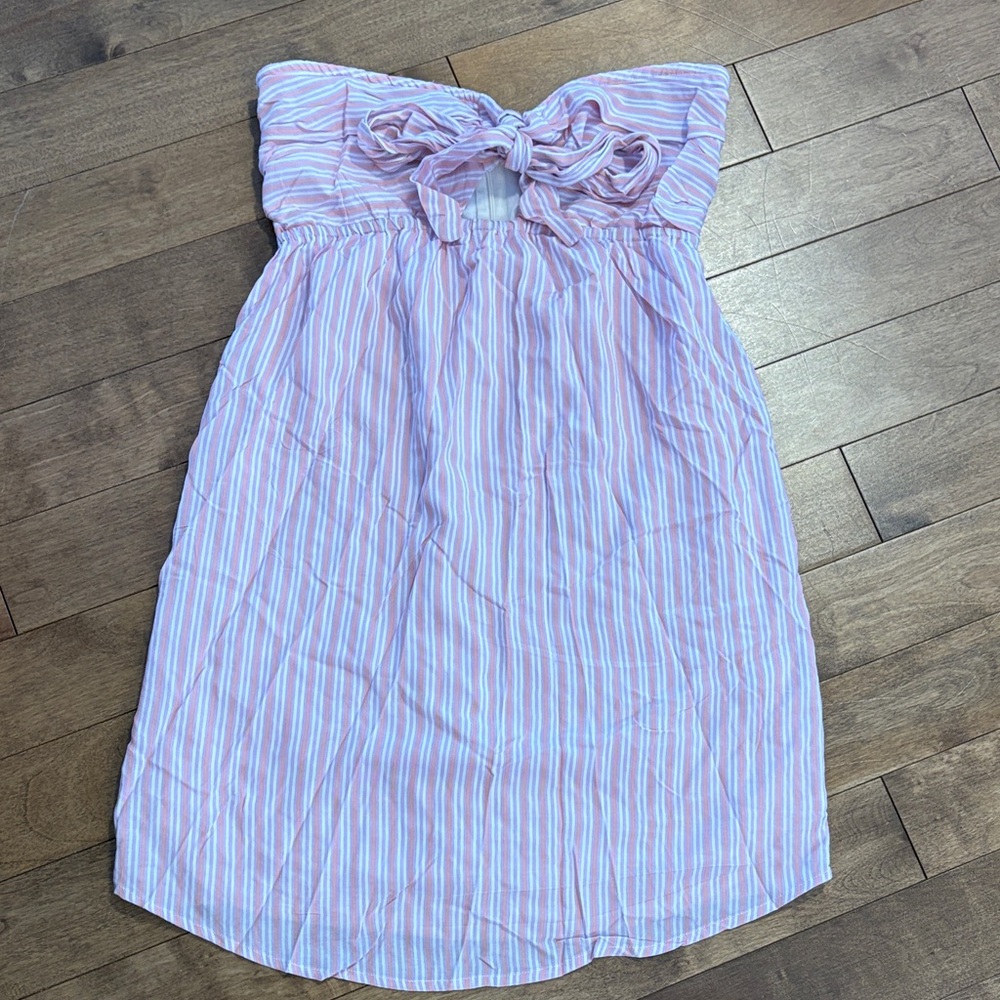 Striped Strapless Tie-Front Sundress in Pink & White